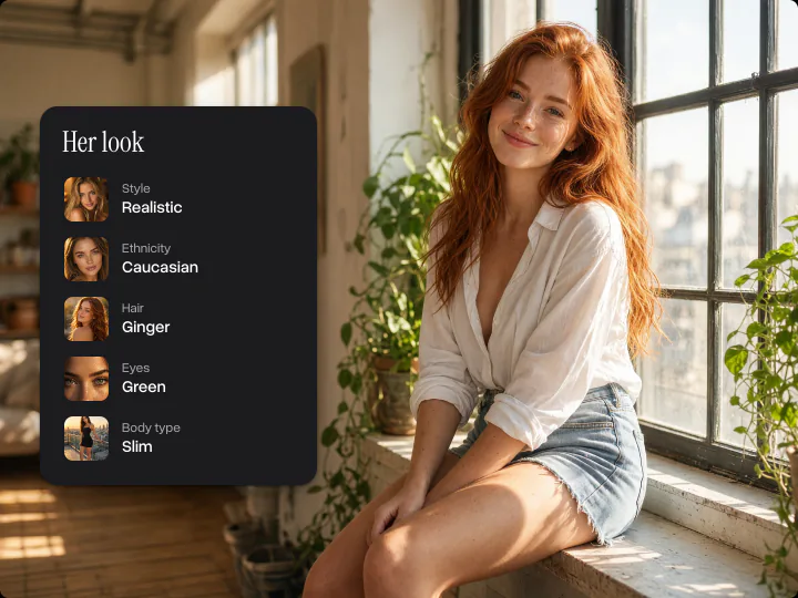 Red-haired woman on a sunlit window sill next to her look: Realistic, Caucasian, ginger hair, green eyes, slim
