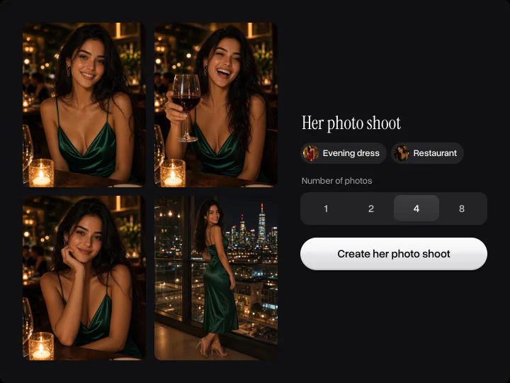 Four photos of a woman in a green satin dress at a candle-lit restaurant, with the photo shoot settings and 4 photos picked
