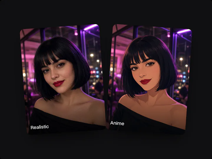 The same woman with a black bob as a realistic photo and as an anime illustration