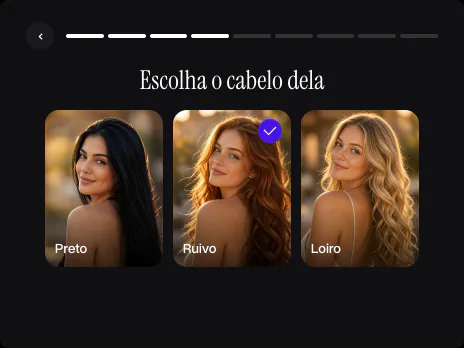 Um passo do gerador: Escolha o cabelo dela, com Preto, Ruivo e Loiro, Ruivo escolhido