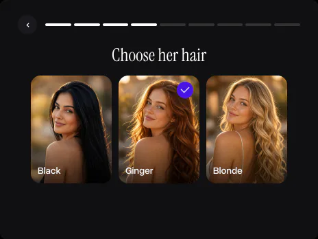 A step of the generator: Choose her hair, with Black, Ginger and Blonde, Ginger picked