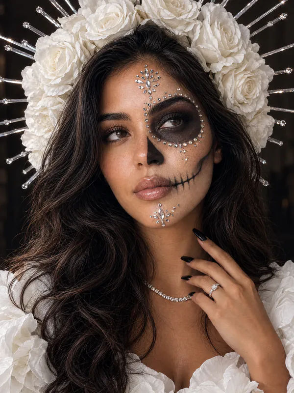 Woman with long dark wavy hair in half-face sugar skull makeup with crystals and a crown of white roses