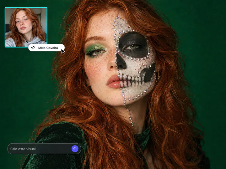 Mulher ruiva com maquiagem de meia caveira com strass prateado em fundo verde, a selfie do dia a dia num quadro menor e o botão Meia Caveira