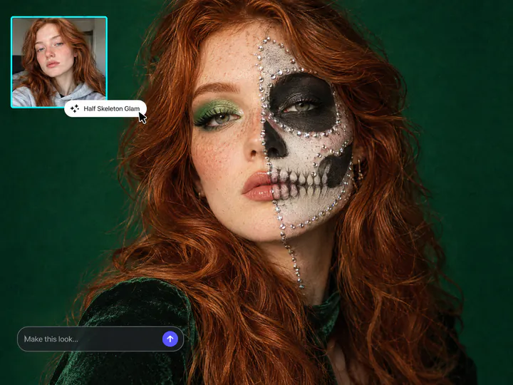 Red-haired woman in half-skeleton makeup with silver rhinestones on a green backdrop, her everyday selfie in an inset and a Half Skeleton Glam button