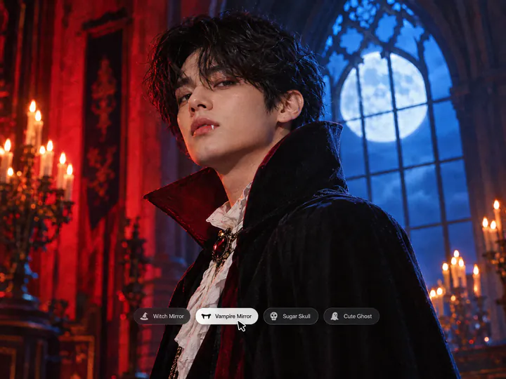 Young man dressed as a vampire in a candle-lit gothic hall with a full moon, with Witch Mirror, Vampire Mirror, Sugar Skull and Cute Ghost buttons