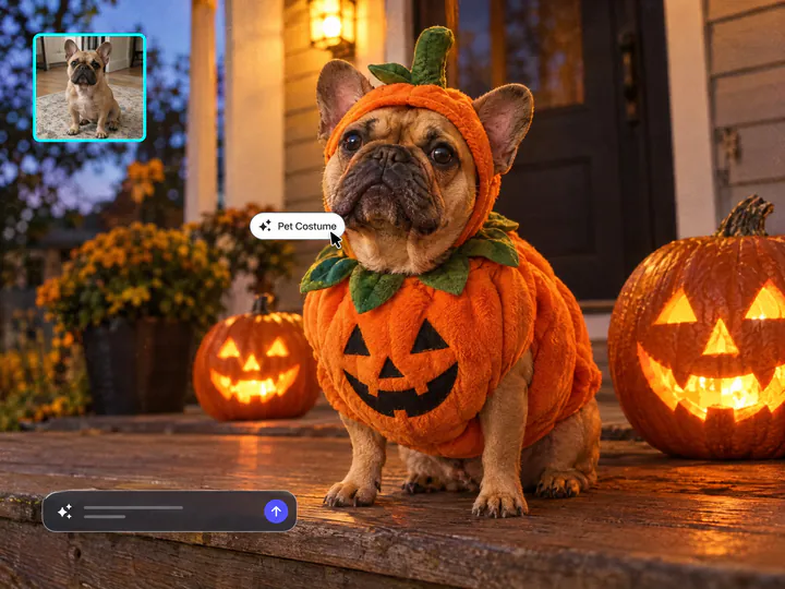 French bulldog in a plush pumpkin costume on a porch with glowing jack-o'-lanterns, its everyday photo in an inset and a Pet Costume button