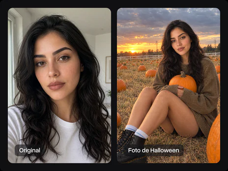 A selfie original ao lado da mesma mulher num campo de abóboras ao pôr do sol