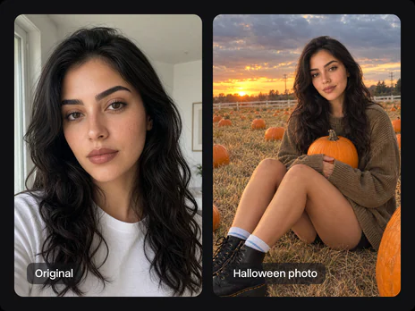 The original selfie next to the same woman in a pumpkin patch at golden hour