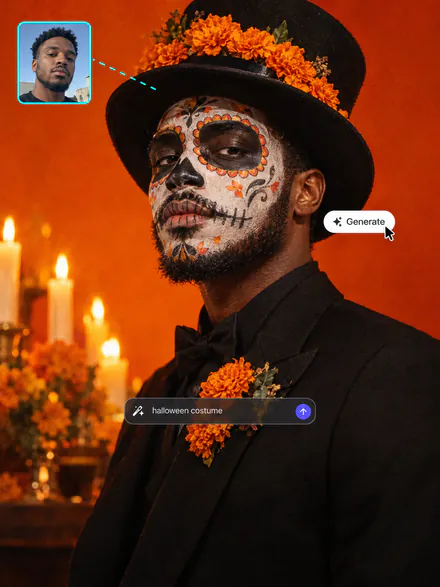 Man in sugar skull face paint and a top hat with orange marigolds, his everyday selfie in an inset