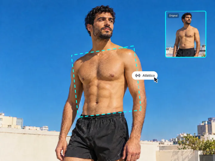 Homem sem camisa num terraço com corpo atlético e abdômen definido, a foto original no canto e o botão Atlético