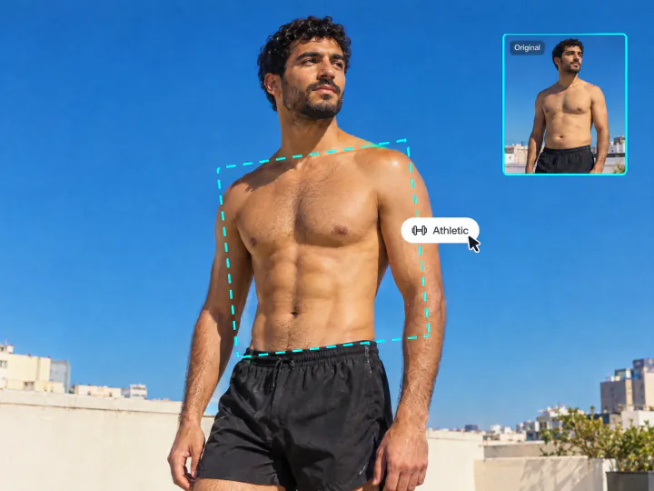 Shirtless man on a rooftop with an athletic build and visible abs, his softer original photo in the corner and an Athletic button
