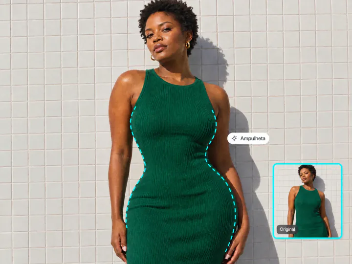Mulher de vestido verde canelado com corpo ampulheta, a parede de azulejos atrás dela reta e a foto original no canto