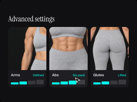 Advanced settings with arms set to Defined, abs to Six-pack and glutes to Lifted