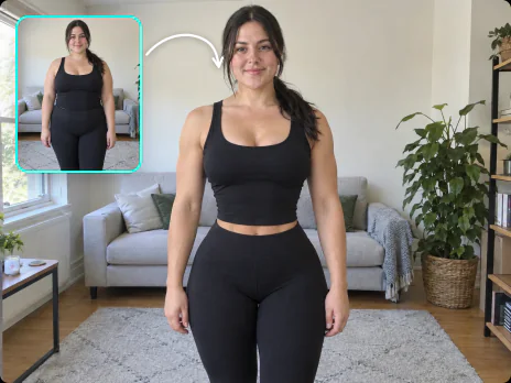 Mulher em casa com corpo ampulheta e braços tonificados depois da edição, a foto original no canto