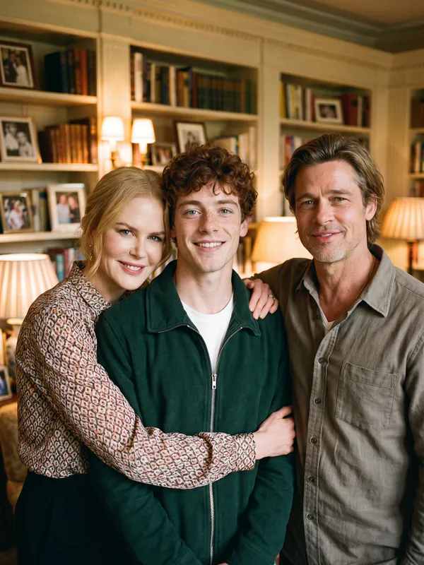Jovem de cabelo ruivo cacheado em casa com seus pais famosos parecidos com ele, Nicole Kidman e Brad Pitt