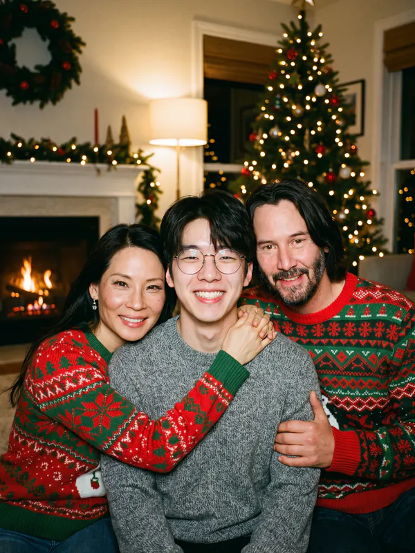 Jovem de óculos numa foto de cartão de Natal com Lucy Liu e Keanu Reeves de suéteres natalinos