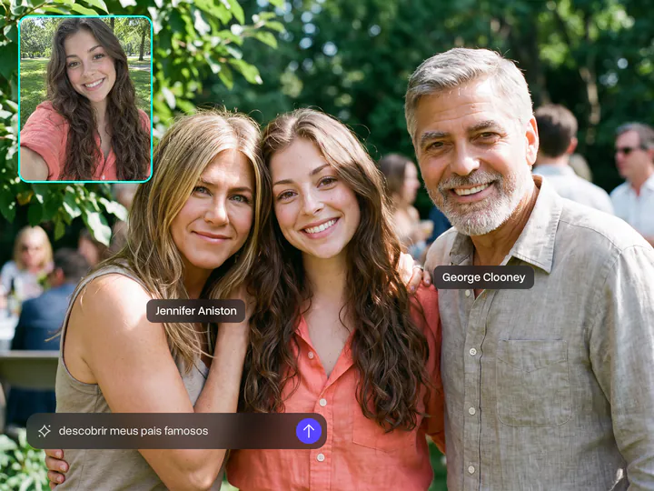 Jovem numa festa no jardim entre os pais famosos parecidos com ela, Jennifer Aniston e George Clooney, a selfie dela no canto