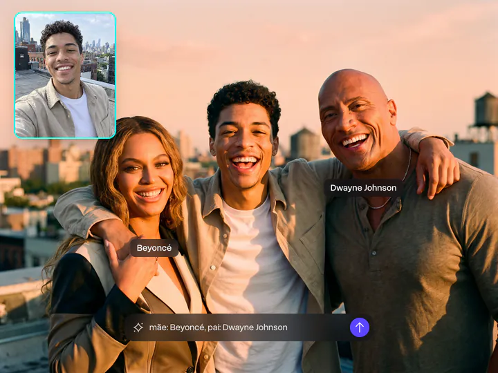 Jovem rindo entre Beyoncé e Dwayne Johnson, os pais que ele escolheu, com o prompt mãe: Beyoncé, pai: Dwayne Johnson