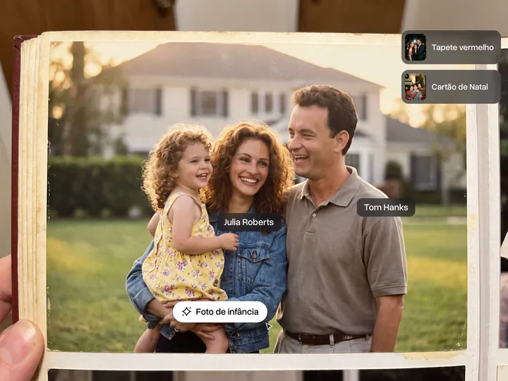 Foto de álbum dos anos 90 de uma menina no colo de Julia Roberts, com Tom Hanks ao lado, as cenas Tapete vermelho e Cartão de Natal e o botão Foto de infância