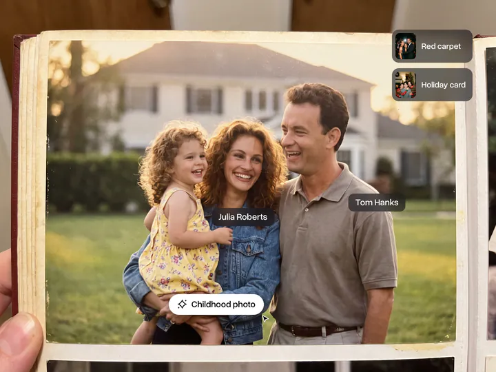 1990s album photo of a little girl in the arms of Julia Roberts, Tom Hanks beside them, with Red carpet and Holiday card scene tiles and a Childhood photo button