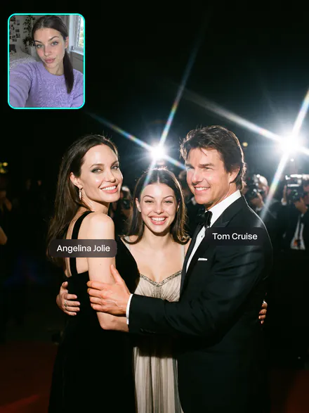 Jovem entre os pais famosos parecidos com ela, Angelina Jolie e Tom Cruise, num tapete vermelho, a selfie dela no canto