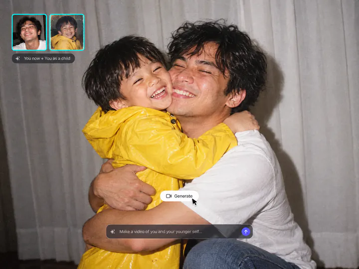 Man in a white T-shirt hugging himself as a little boy in a yellow raincoat, his photo now and his childhood photo in two insets