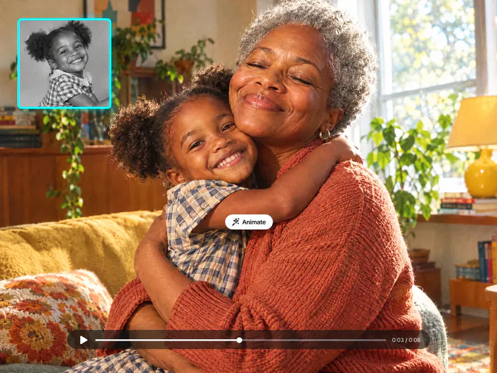 Grandmother hugging herself as a little girl, both in colour, the original black-and-white childhood photo in the inset and a video timeline