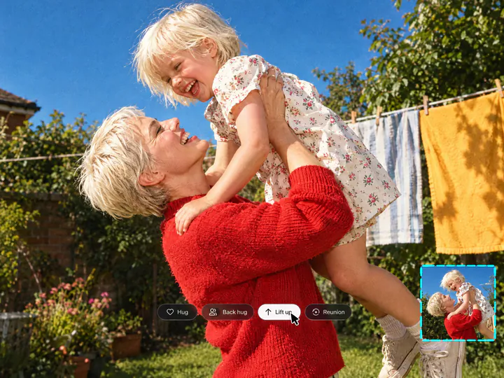 Woman lifting herself as a little girl in a sunny backyard, with Hug, Back hug, Lift up and Reunion pose chips