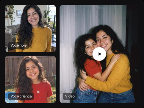 A foto de hoje e a foto de infância ao lado de um quadro do vídeo em que a mulher abraça a si mesma menina