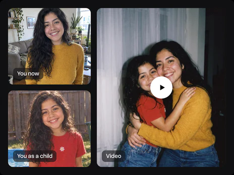 The photo now and the childhood photo next to a frame of the video where the woman hugs herself as a girl