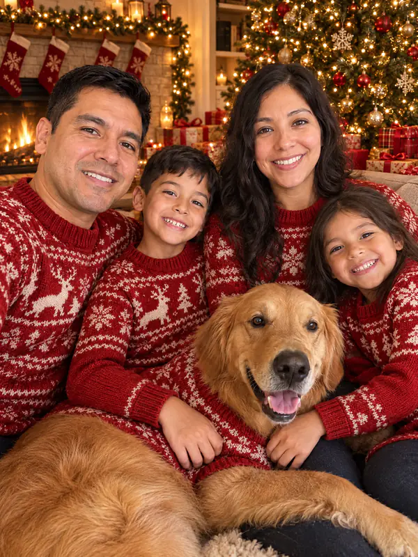 Família de quatro pessoas e o golden retriever de suéteres vermelhos iguais junto a uma árvore de Natal iluminada e a lareira