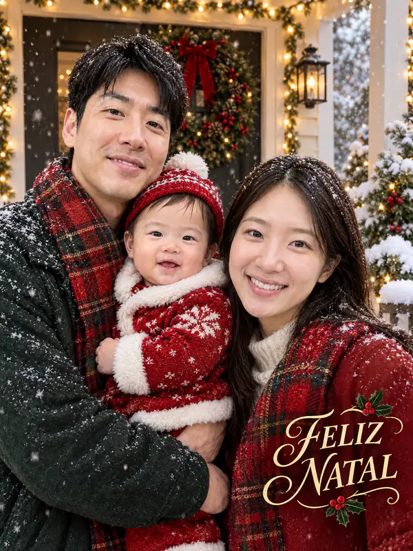 Cartão de Natal com a foto de um casal e o bebê numa varanda com neve, a mensagem Feliz Natal em letra cursiva