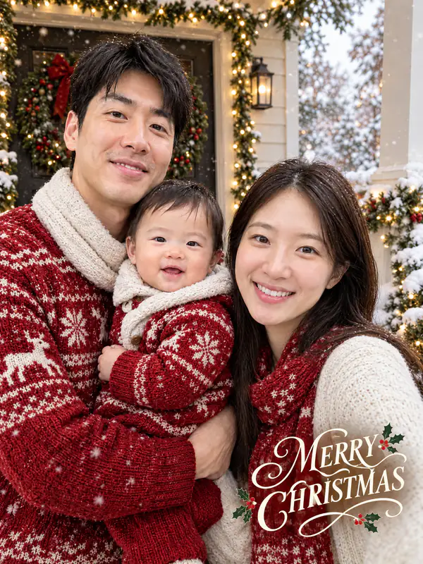 Christmas photo card of a couple with their baby on a snowy porch, the greeting Merry Christmas in script