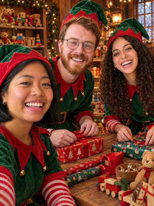 Três amigos vestidos de duendes de Natal embrulhando brinquedos numa bancada na oficina do Papai Noel
