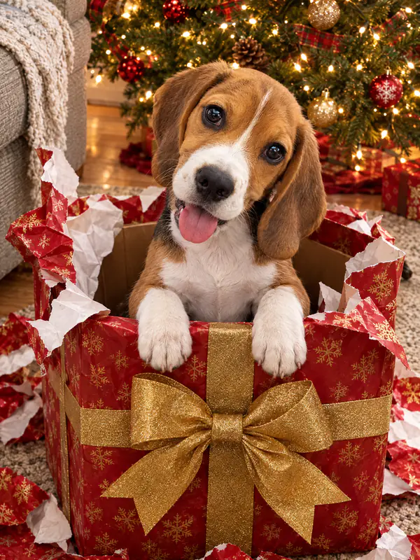 Filhote de beagle saindo de uma caixa de presente vermelha com laço dourado na frente de uma árvore iluminada