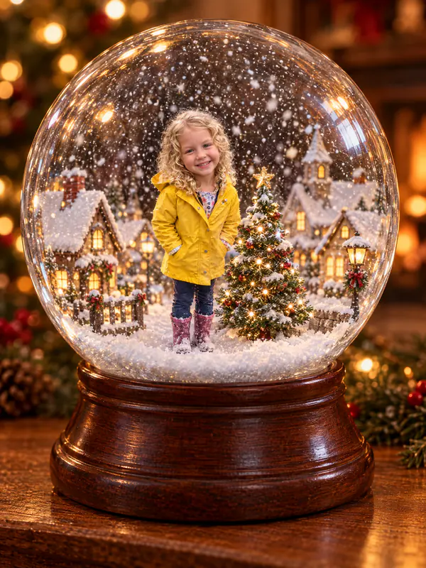 Menina de cachos loiros numa vila em miniatura com neve dentro de um globo de neve de vidro