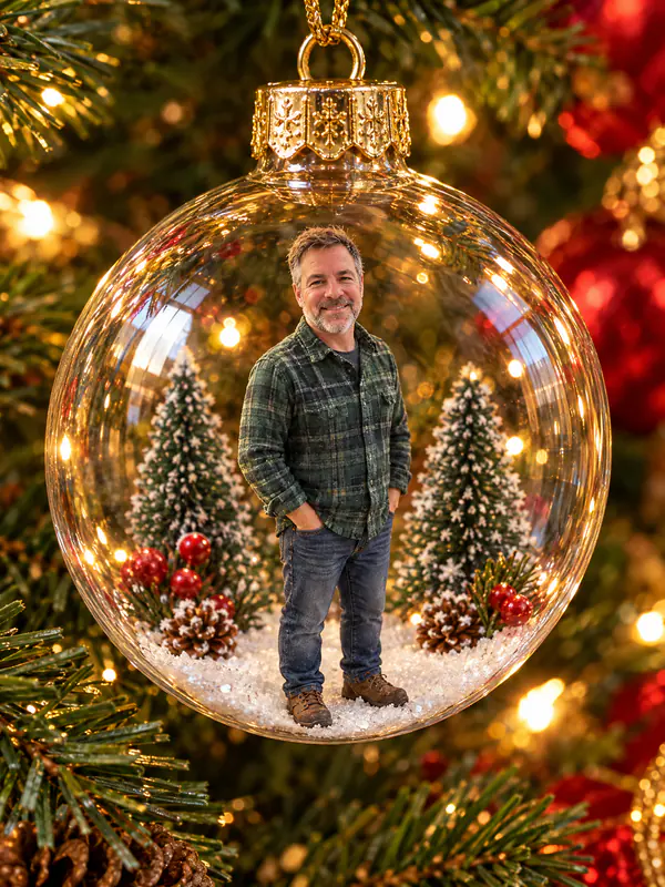 Homem de barba e camisa xadrez em miniatura dentro de uma bola de Natal de vidro pendurada numa árvore iluminada