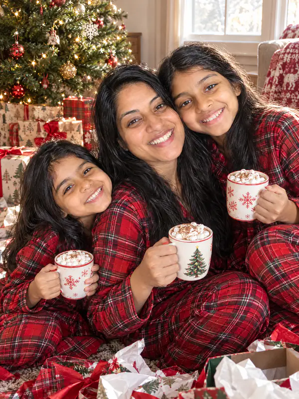 Mãe e duas filhas de pijamas xadrez iguais abrindo presentes junto à árvore de Natal de manhã