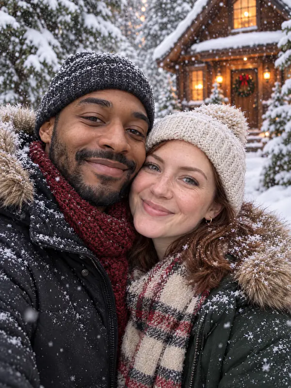Casal de casacos e gorros de tricô entre pinheiros com neve, uma cabana com guirlanda atrás deles