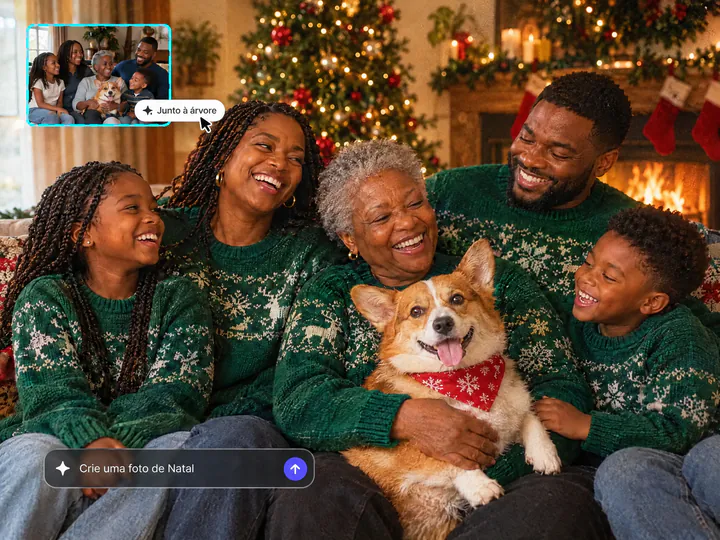 Três gerações de uma família e o corgi de suéteres verdes iguais junto à árvore de Natal, a foto do dia a dia num quadro menor e o botão Junto à árvore