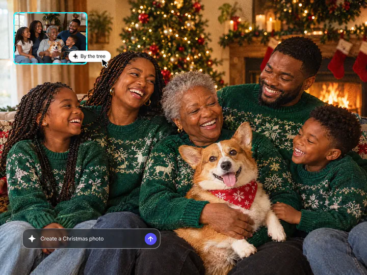Three generations of a family and their corgi in matching green sweaters by the Christmas tree, their everyday photo in a small inset and a By the tree button