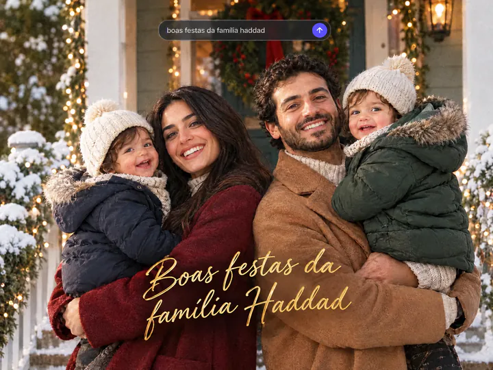 Casal com os gêmeos no colo numa varanda com neve e a mensagem Boas festas da família Haddad, as mesmas palavras numa barra de texto