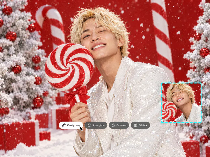 Young man with bleached hair in a white sequined suit holding a giant peppermint lollipop, with Candy cane, Snow globe, Ornament and Gift box buttons