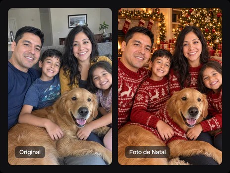 A foto original da família ao lado da mesma família junto à árvore de Natal