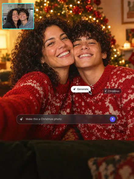 Mother and teenage son in matching red sweaters by a Christmas tree, their kitchen selfie in an inset