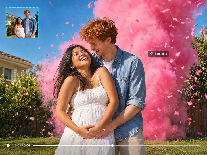 Casal se abraçando num quintal enquanto fumaça e confete rosa explodem atrás deles, com a foto original no canto e a linha do tempo do vídeo