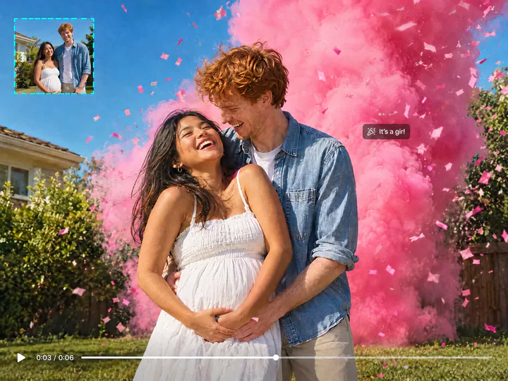 Couple hugging in a backyard as pink smoke and confetti burst behind them, with the original photo inset and a video timeline