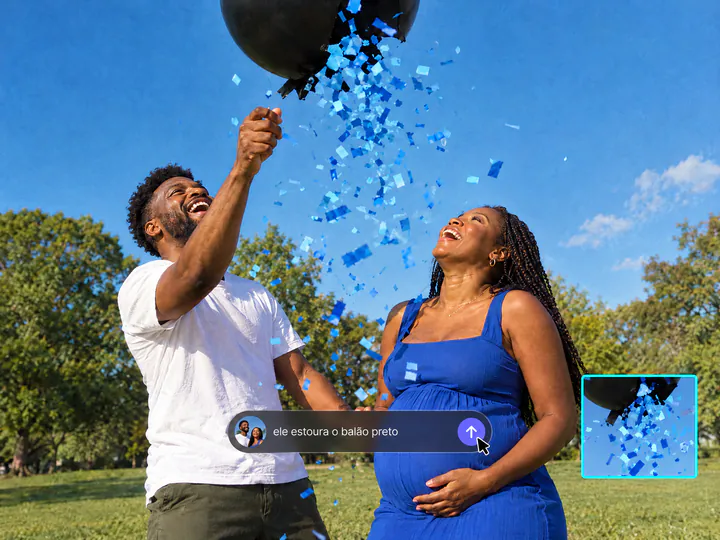 Casal num parque rindo enquanto um balão preto estoura com confete azul, com o texto ele estoura o balão preto
