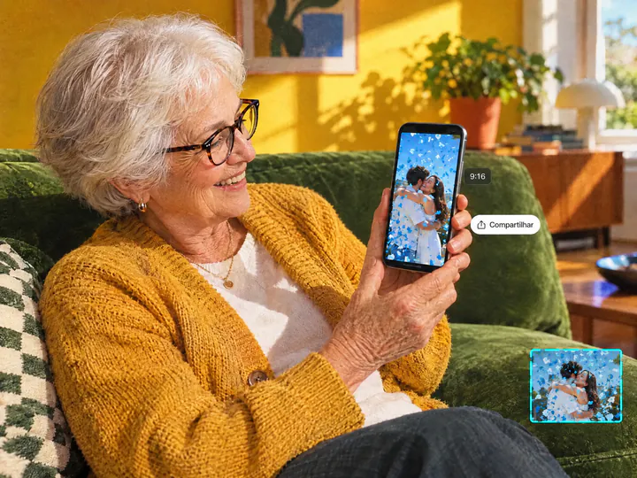Avó no sofá assistindo a um vídeo vertical de chá revelação no celular
