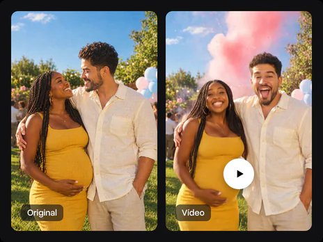 A foto original do casal ao lado de um quadro do vídeo com fumaça e confete rosa atrás deles